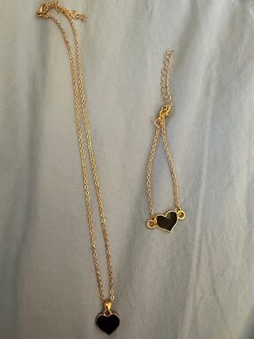 Gold Heart Pendant Necklace and Bracelet Set with Black Enamel - Unbranded